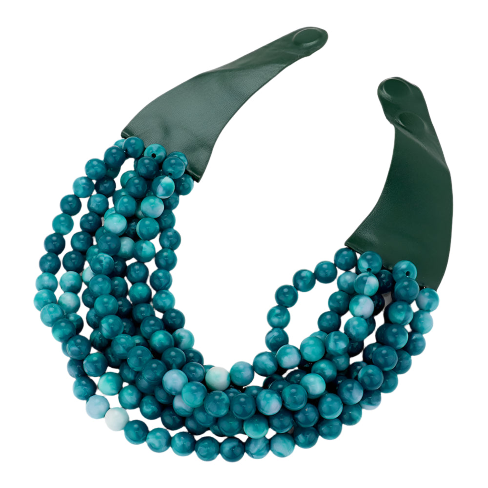 Chunky multi-strand beaded statement necklace in dark teal and turquoise beads.