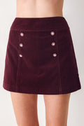 Burgundy velvet skort with floral button front and front pockets