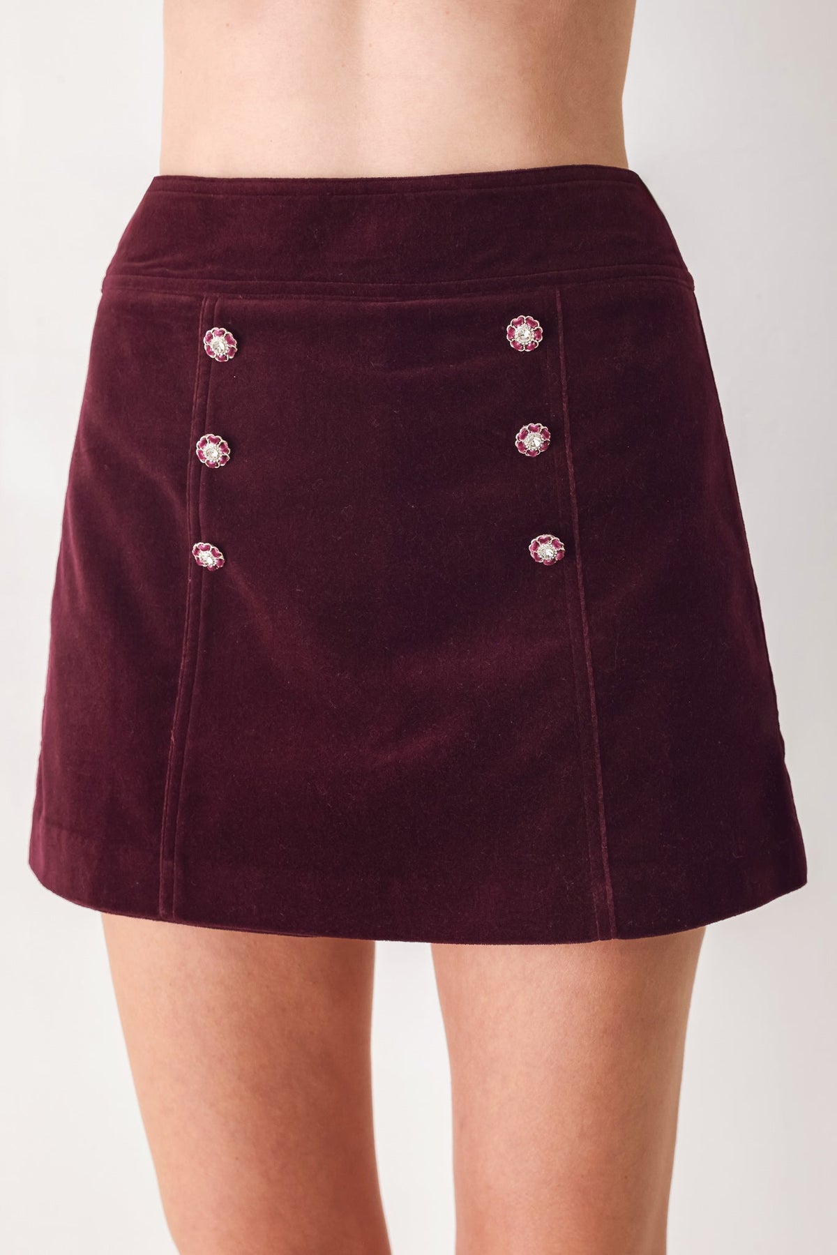 Burgundy velvet skort with floral button front and front pockets