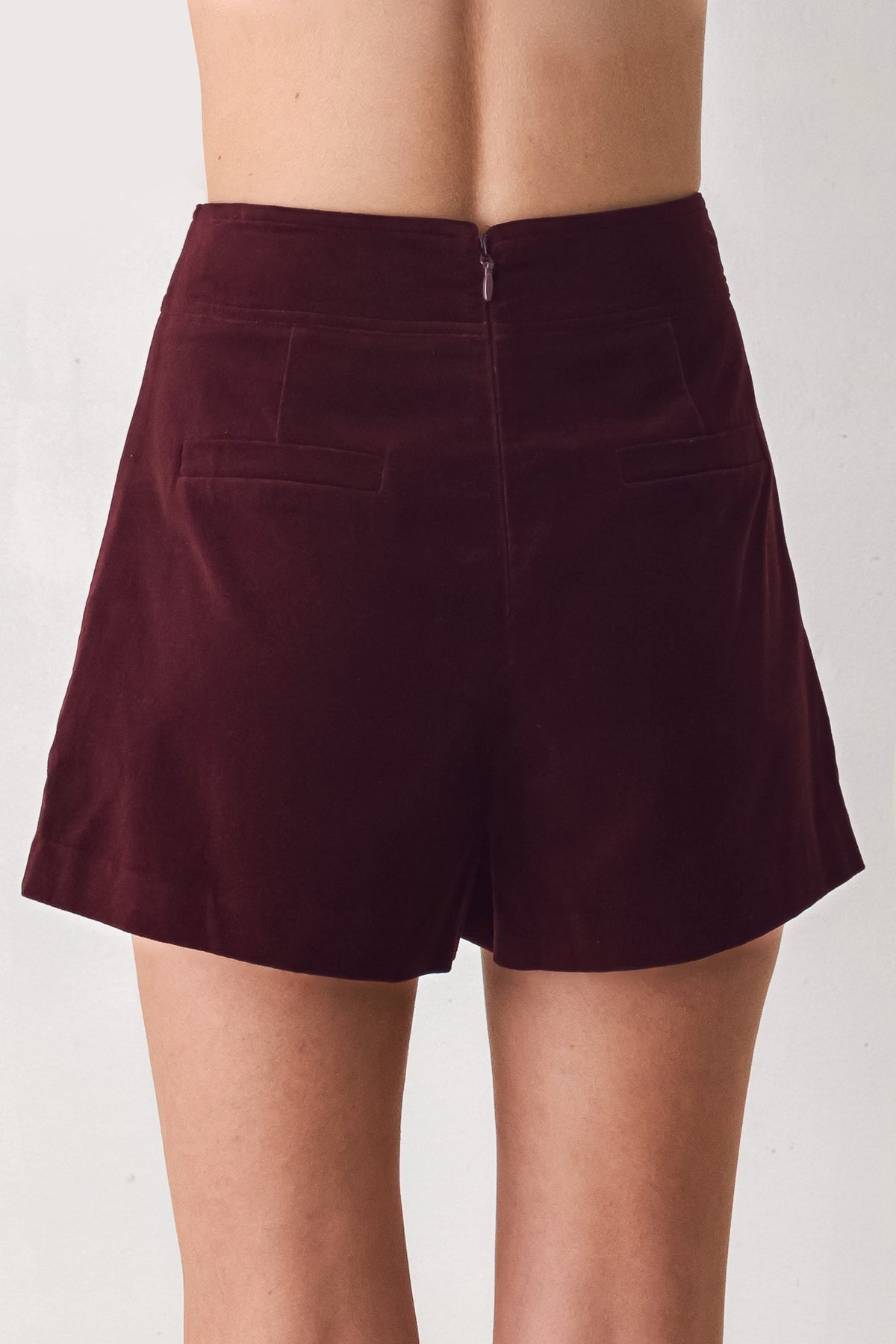 Burgundy velvet skort with back waistband and center seam