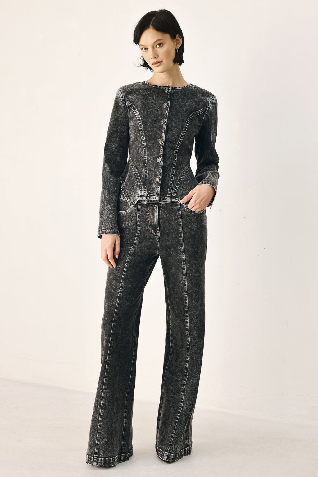 Black wash crossover denim pants with wide legs and long sleeves-style front yoke