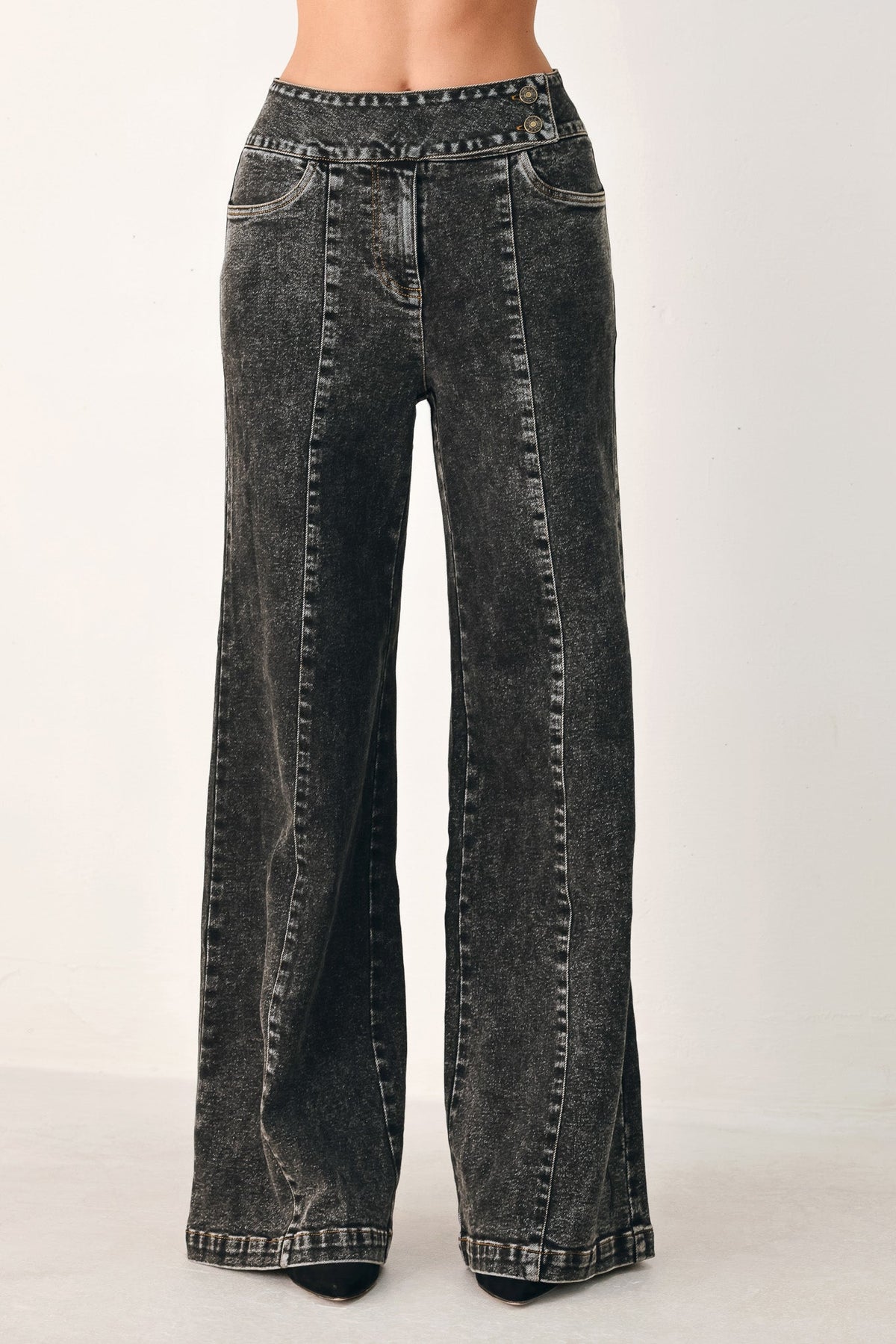 Black wash wide-leg denim pants with crossover waist front and belt loops