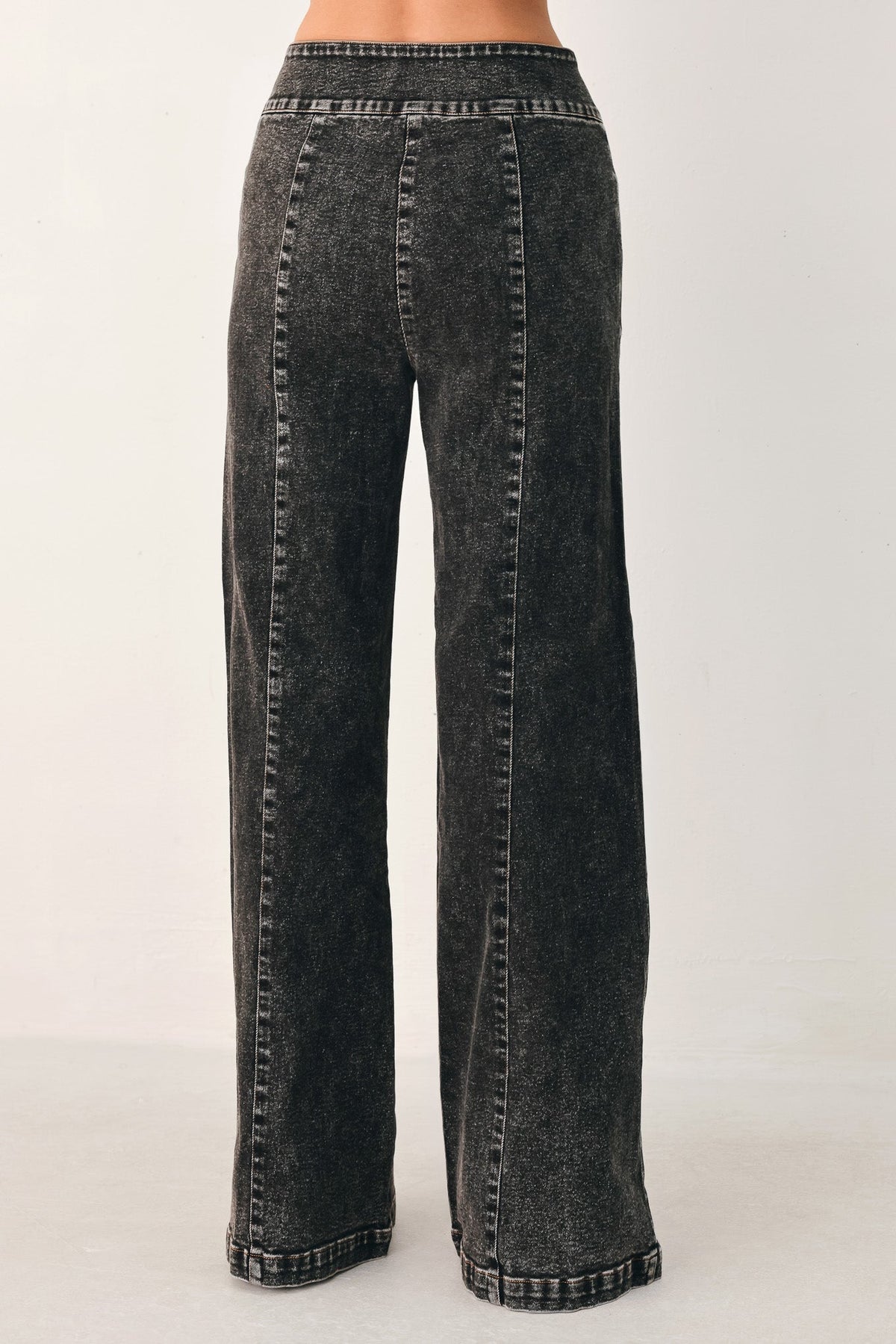 Black wash denim pants back view with wide straight legs and stitched yoke