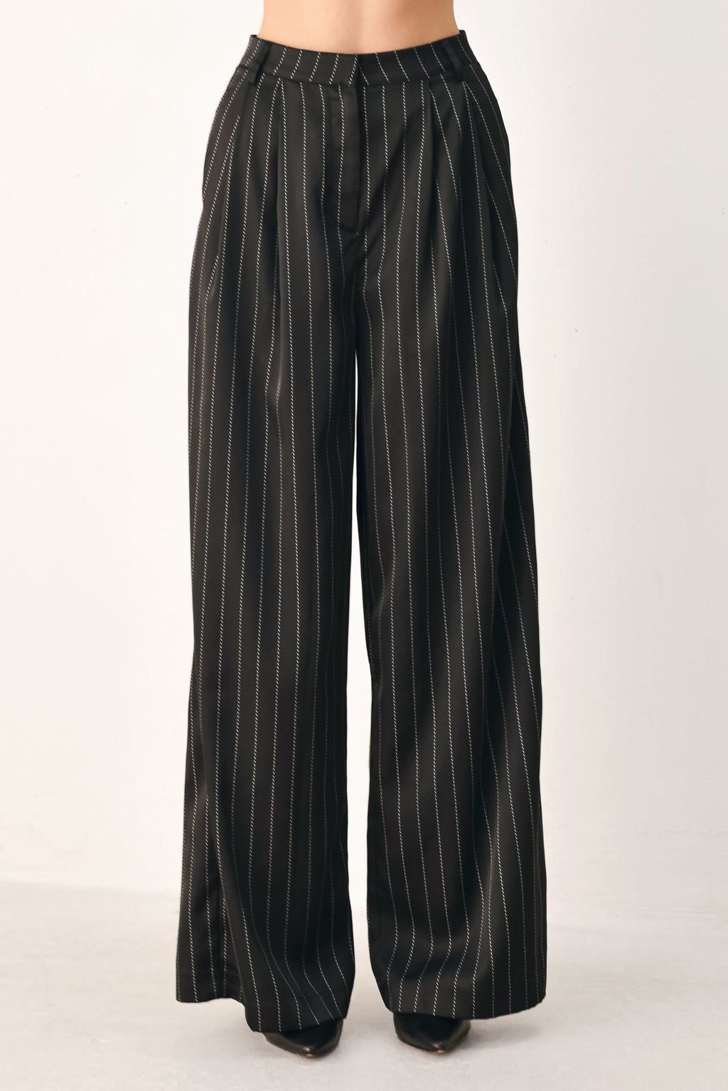 Black pinstripe wide-leg pants with elastic waistband