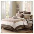Quilt and coverlet set with beige, tan, and brown geometric block pattern