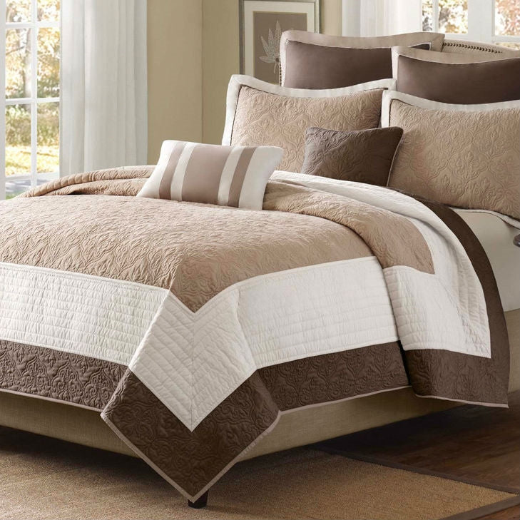Bedspread quilt set with white and tan panels plus brown accent blocks
