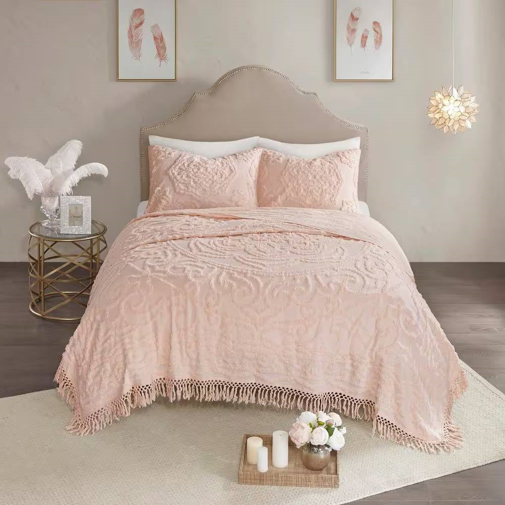 Pink blush cotton chenille bedspread with fringe hem and floral scroll pattern