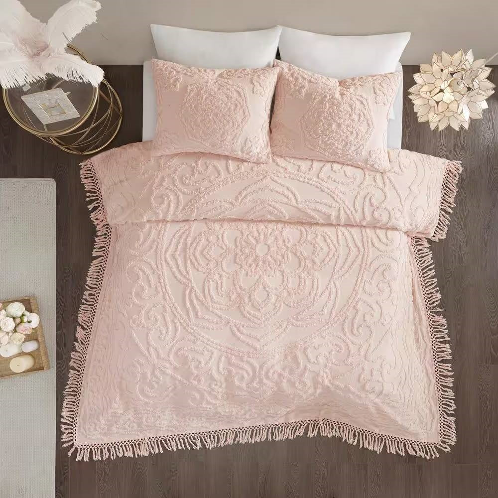 Pink blush chenille bedspread with scalloped edge and knotted fringe border