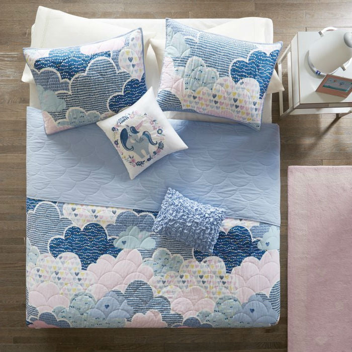 Kids unicorn and cloud quilt coverlet set with matching throw pillows, blue and pink