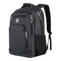 Black laptop backpack with front zip pockets, padded handle, and mesh side panel