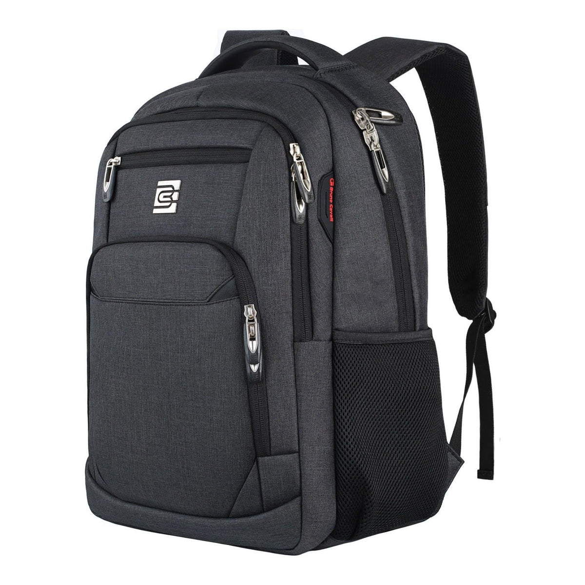 Black laptop backpack with front zip pockets, padded handle, and mesh side panel