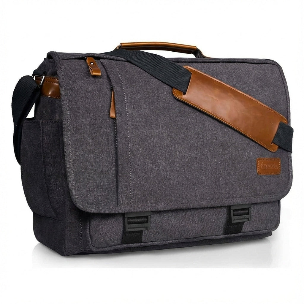 Gray canvas messenger bag front view with brown leather strap and flap closure
