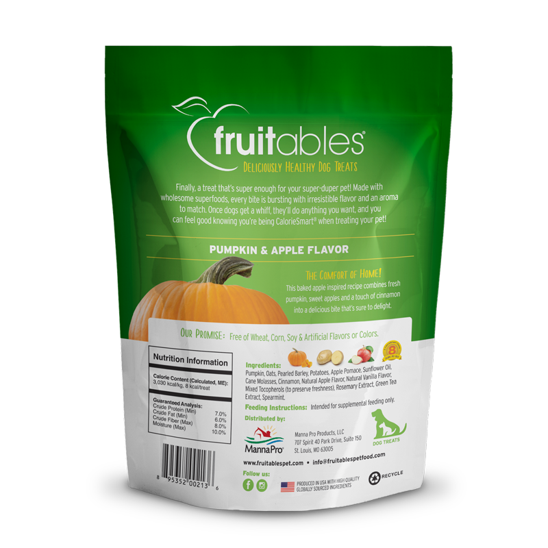 Fruitables pumpkin & apple dog treats bag back panel with nutrition info, 7 oz