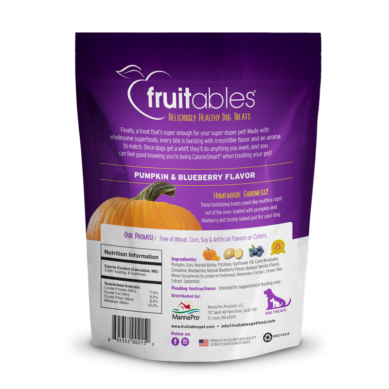 Fruitables baked pumpkin & blueberry dog treat pouch, back with nutrition info