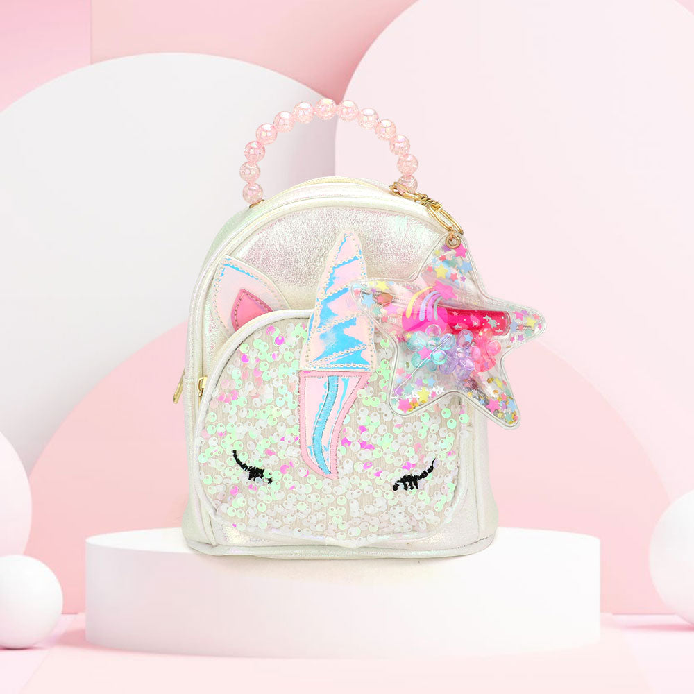 Tiny iridescent sequin unicorn mini backpack with star keychain pouch, pearl handle