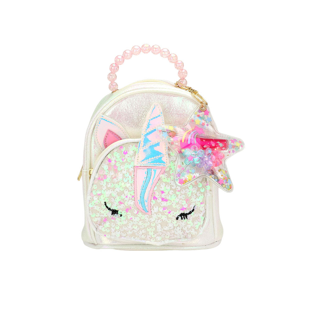 Iridescent sequin unicorn mini backpack with star keychain pouch and bead handle