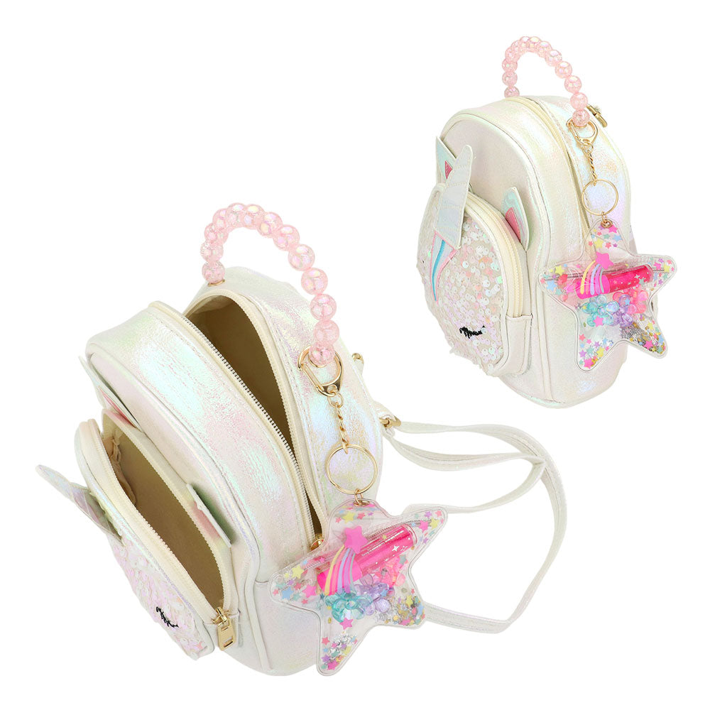 Iridescent sequin unicorn mini backpack with star keychain charm and shoulder strap