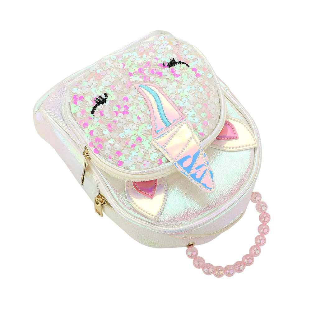 Iridescent sequin unicorn mini backpack front with glitter horn and lashes