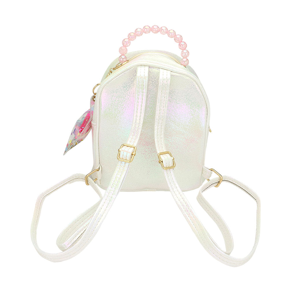 Iridescent sequin unicorn mini backpack with adjustable shoulder straps and bead handle