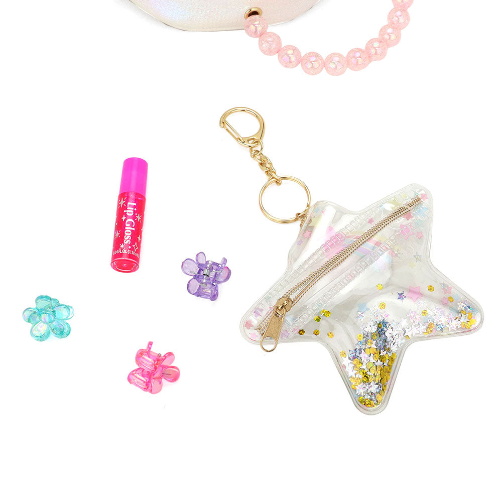Sequined star-shaped keychain pouch with zipper and gold clasp