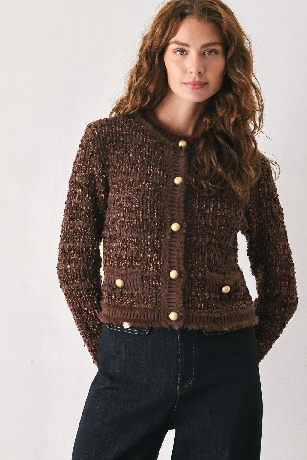 Brown cropped cardigan with jewel-style buttons and ribbed hem cuffs