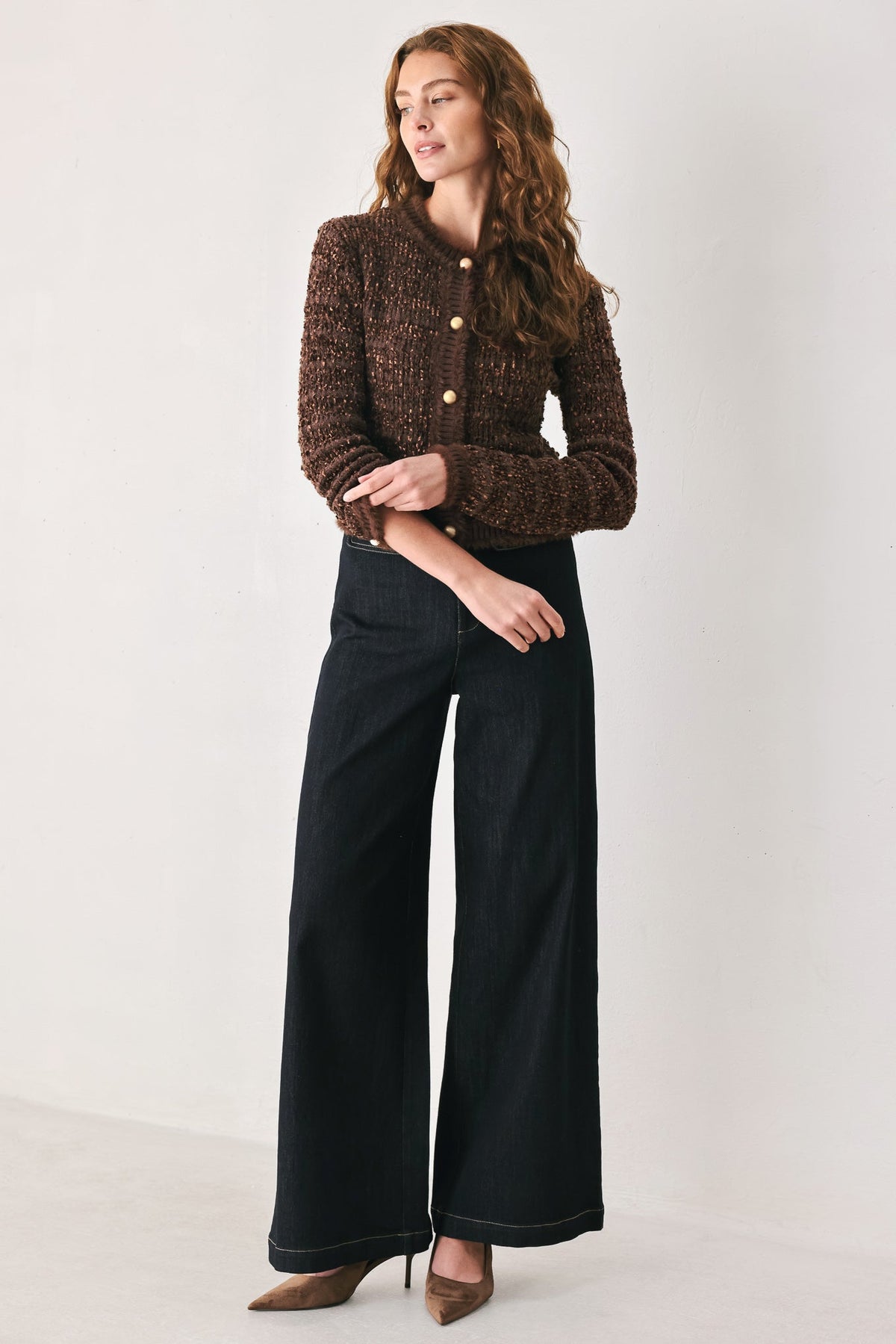 Brown cropped cardigan with round jewel buttons, textured knit, long sleeves