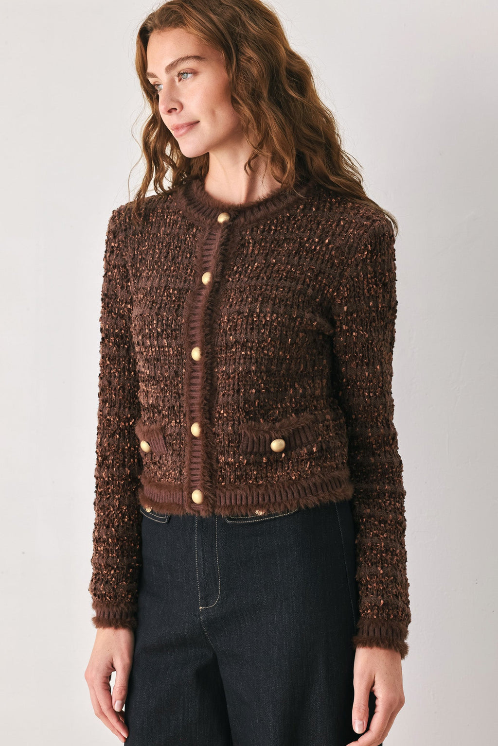Brown cropped cardigan with round jewel buttons and ribbed pocket trim