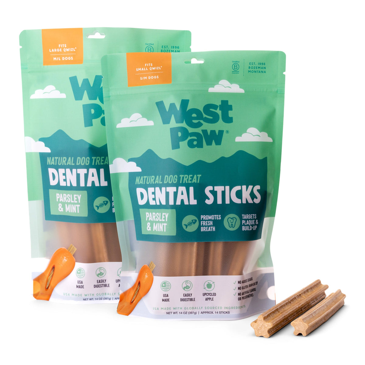 Natural dental sticks large dog treat bag and two bundled orange chew toys with sticks