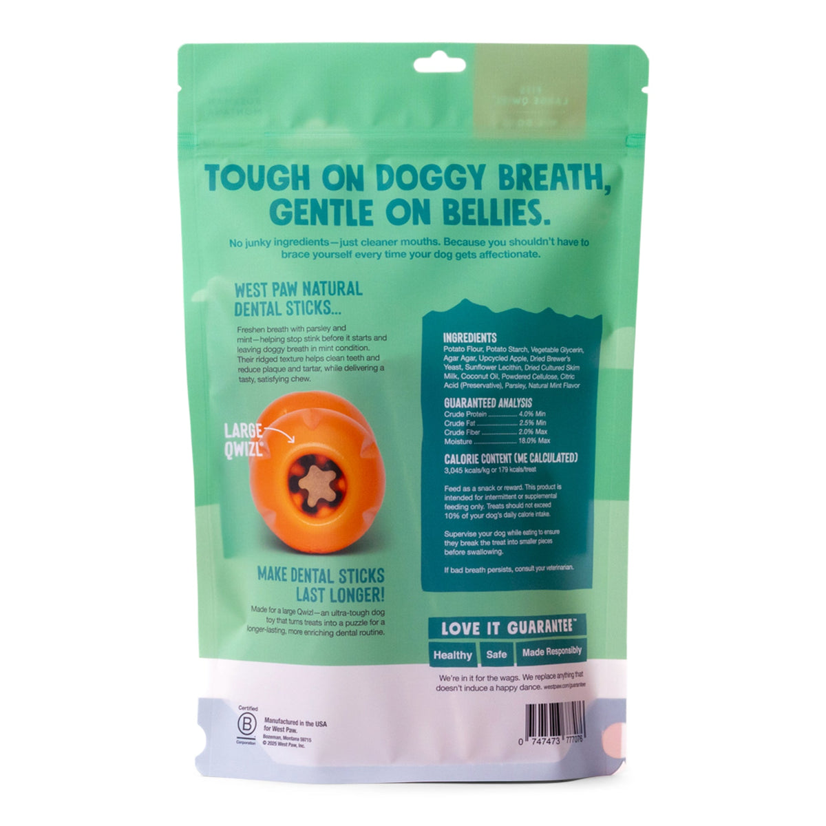 Natural dental sticks large dog treat bag back panel with serving and ingredients info