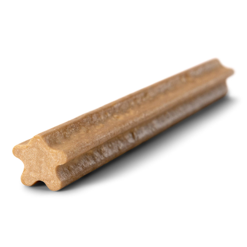 Brown natural dental stick for dogs with bone-shaped cutout