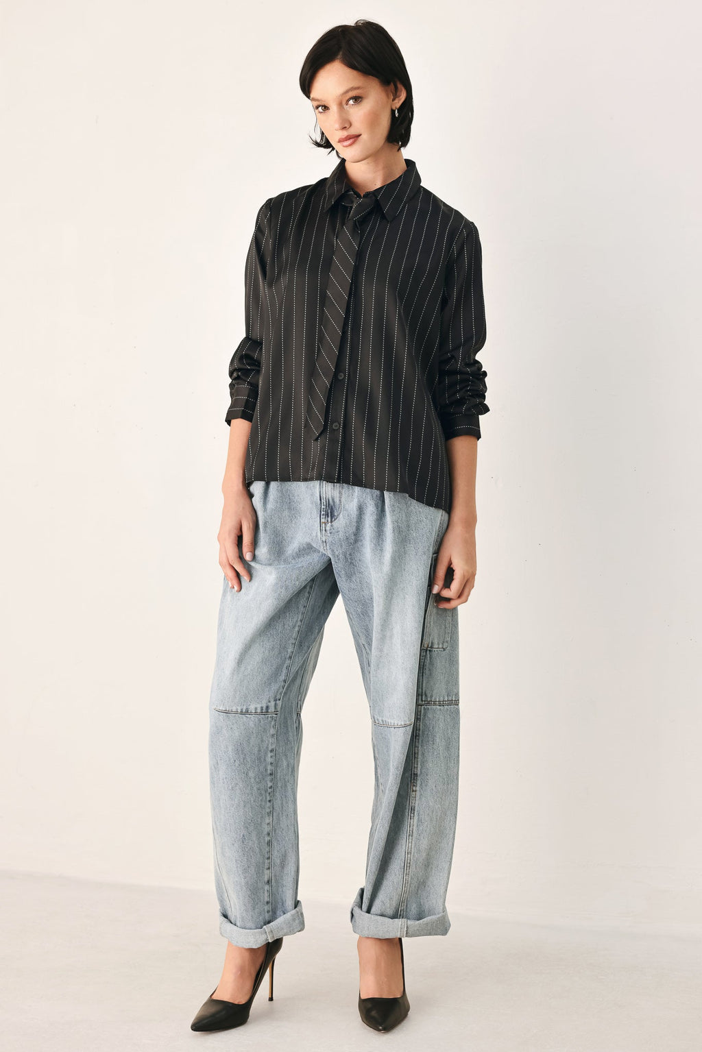 Black striped tie-front shirt top with long sleeves and straight hem