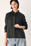 Black striped tie-front shirt top with long sleeves and button placket