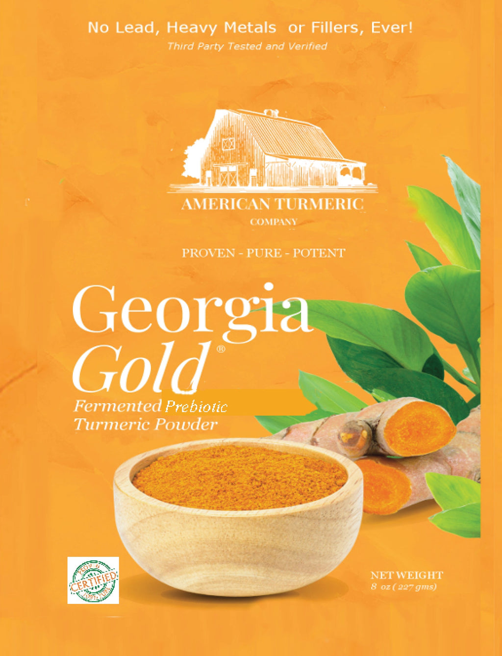 Fermented turmeric powder pouch with bowl of orange-yellow powder and green leaves.