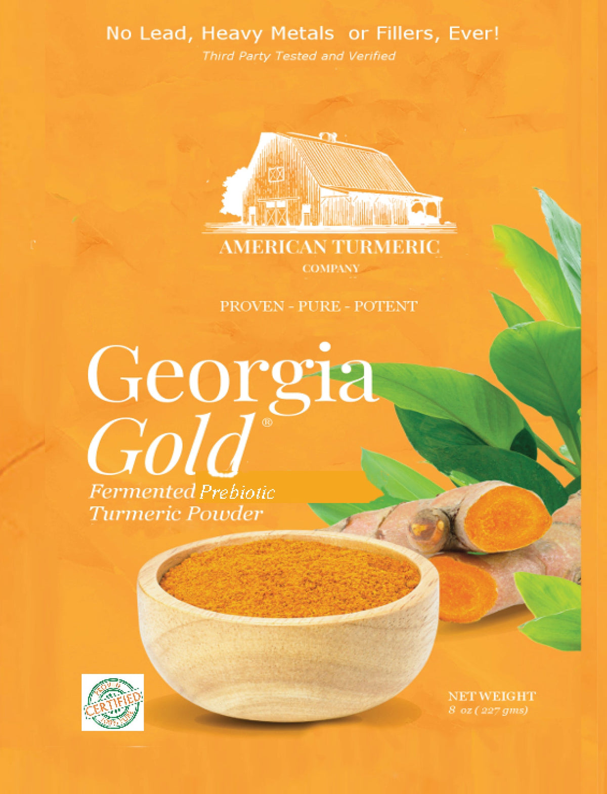 Fermented turmeric powder pouch with bowl of orange-yellow powder and green leaves.