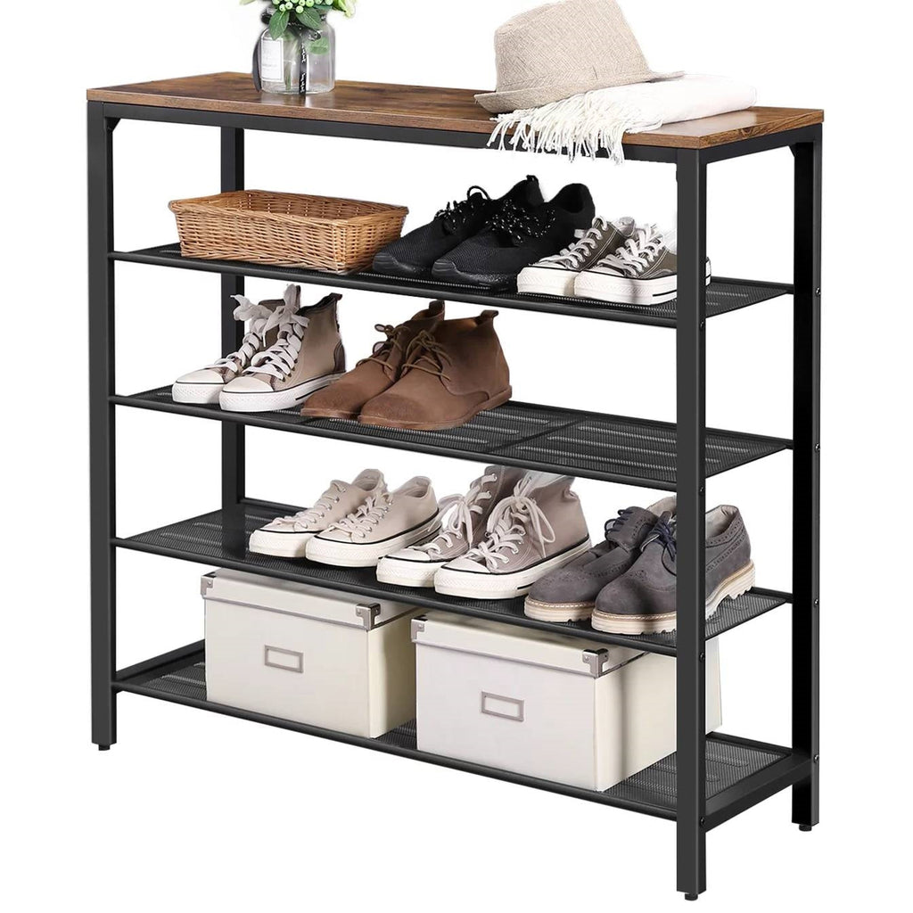 5-tier black metal shoe rack with brown wood top, open shelves and front storage bins