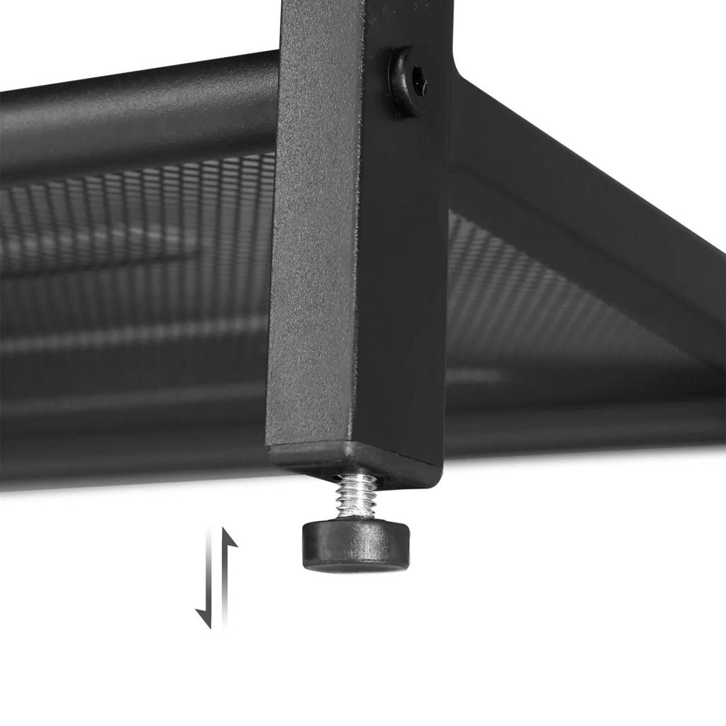 Black metal shoe rack foot with adjustable leveling screw under a shelf support