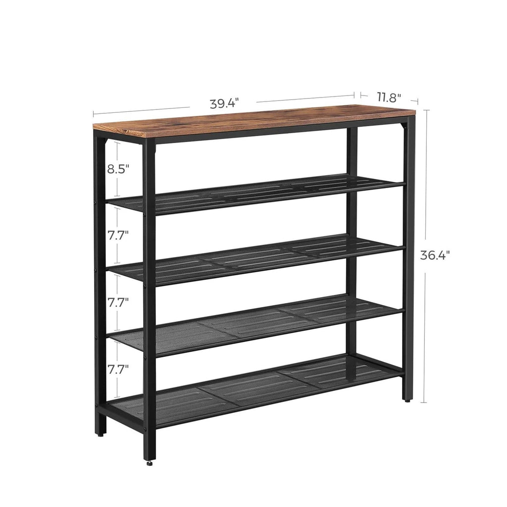 Black metal 5-tier shoe rack with brown wood top, shown with size dimensions