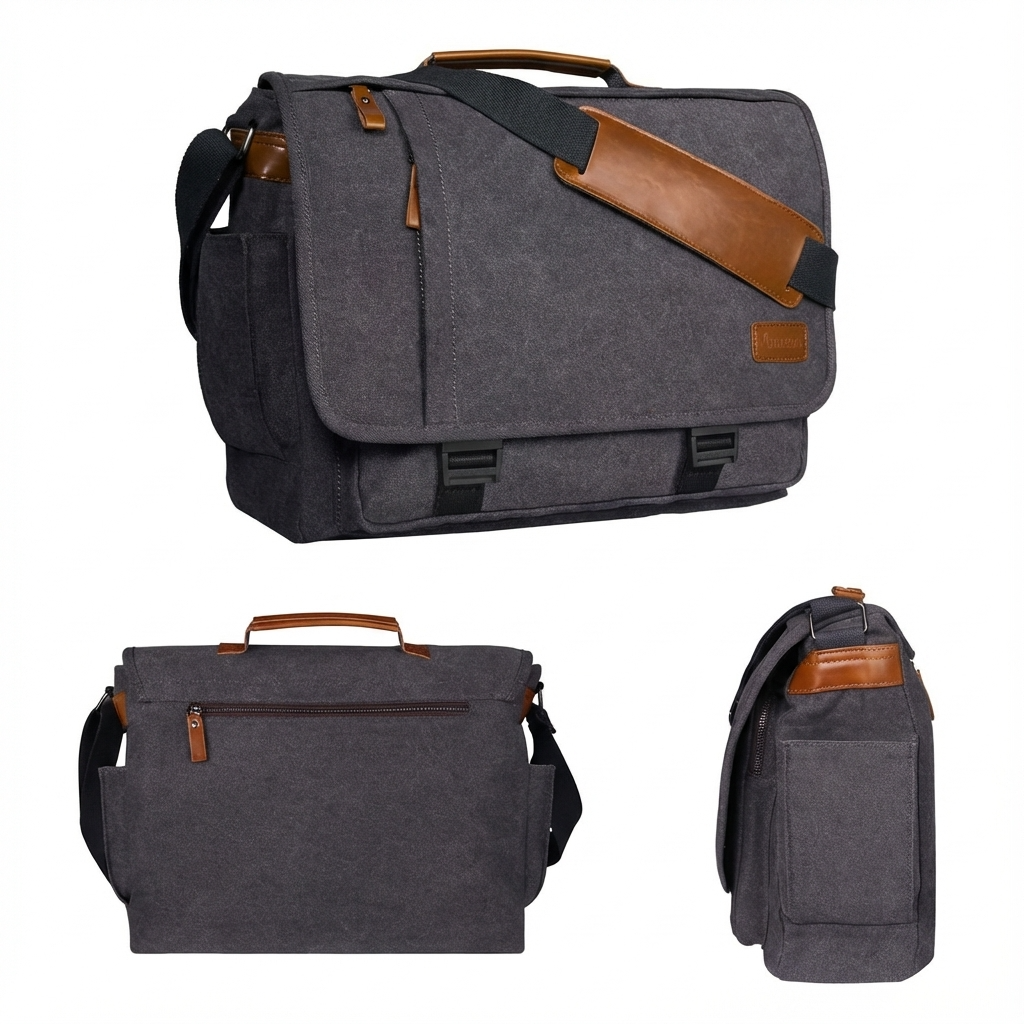 Gray canvas messenger bag with brown leather strap and top handle, side profile shown