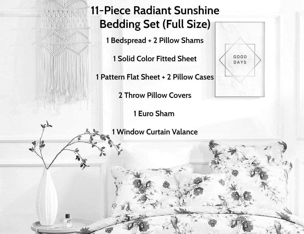11-piece sunshine yellow hummingbird floral bedding set with comforter and pillow shams