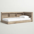 Full size Natural Wood Corner Storage Bed with Bookcase Headboard and USB Ports