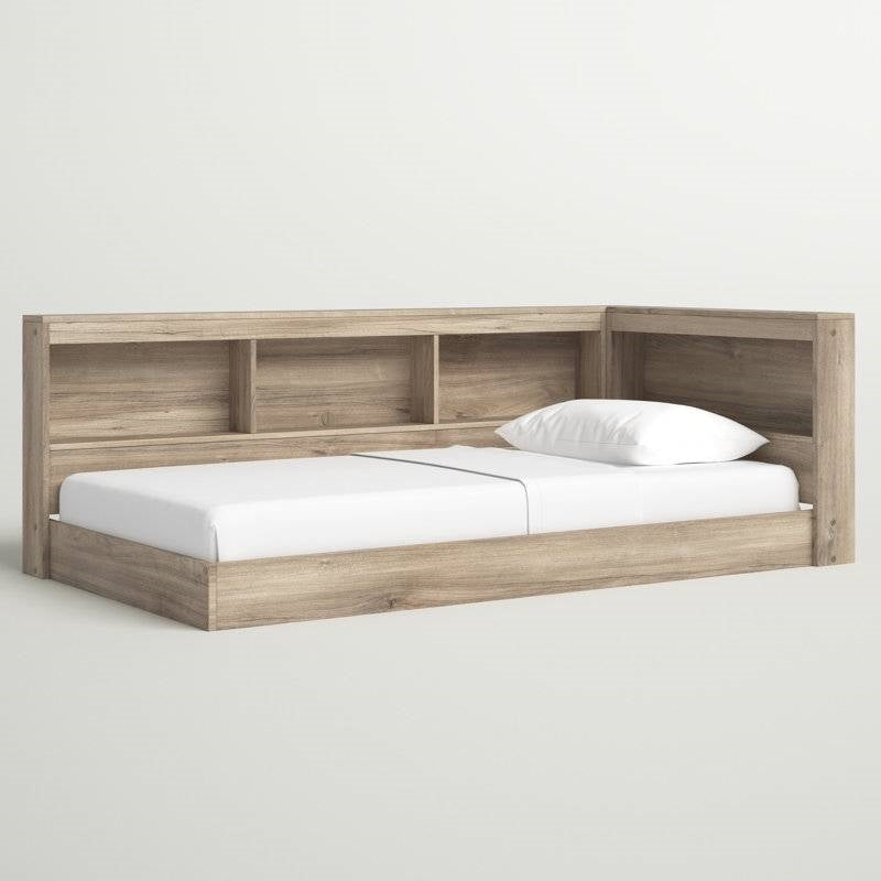 Full size Natural Wood Corner Storage Bed with Bookcase Headboard and USB Ports