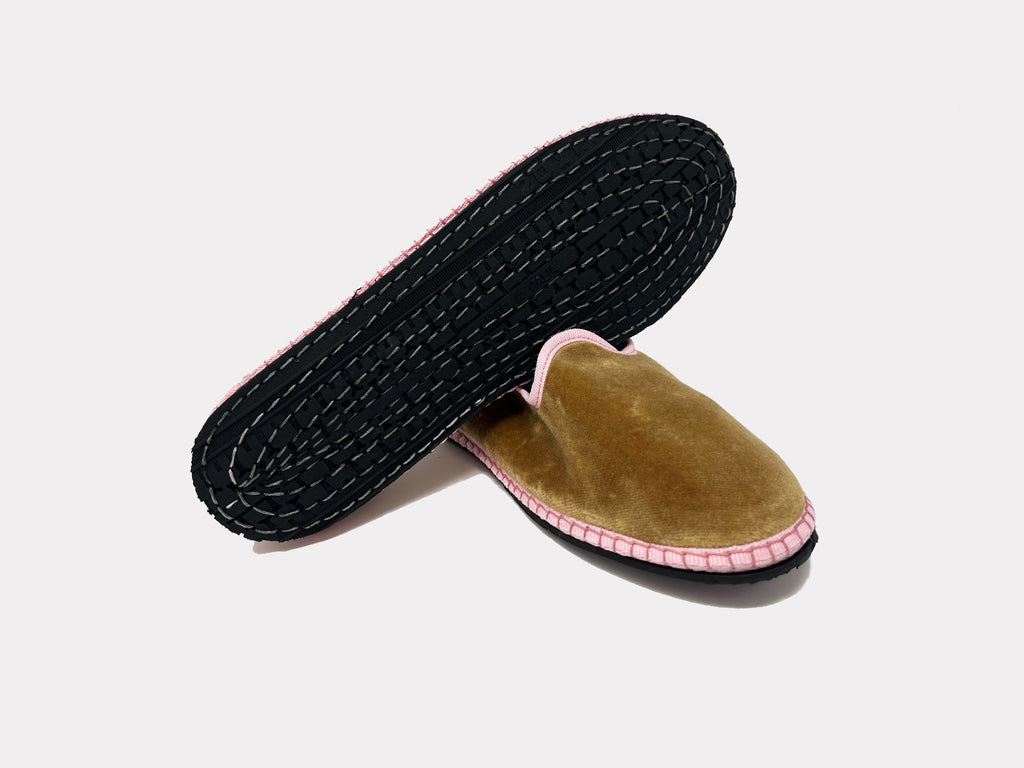 Furlane unisex slip-on espadrille sole, black textured outsole and camel upper