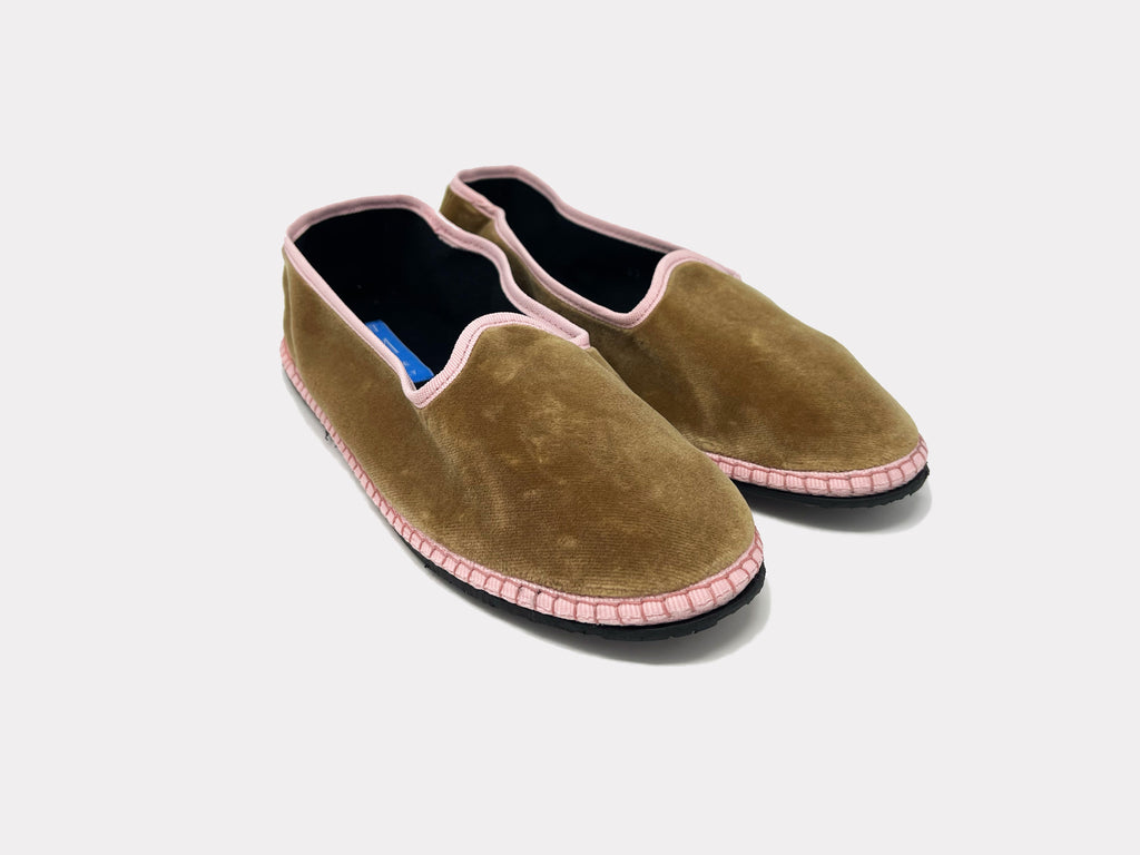 Furlane unisex two-color slip-on espadrilles, camel suede with pink edge trim