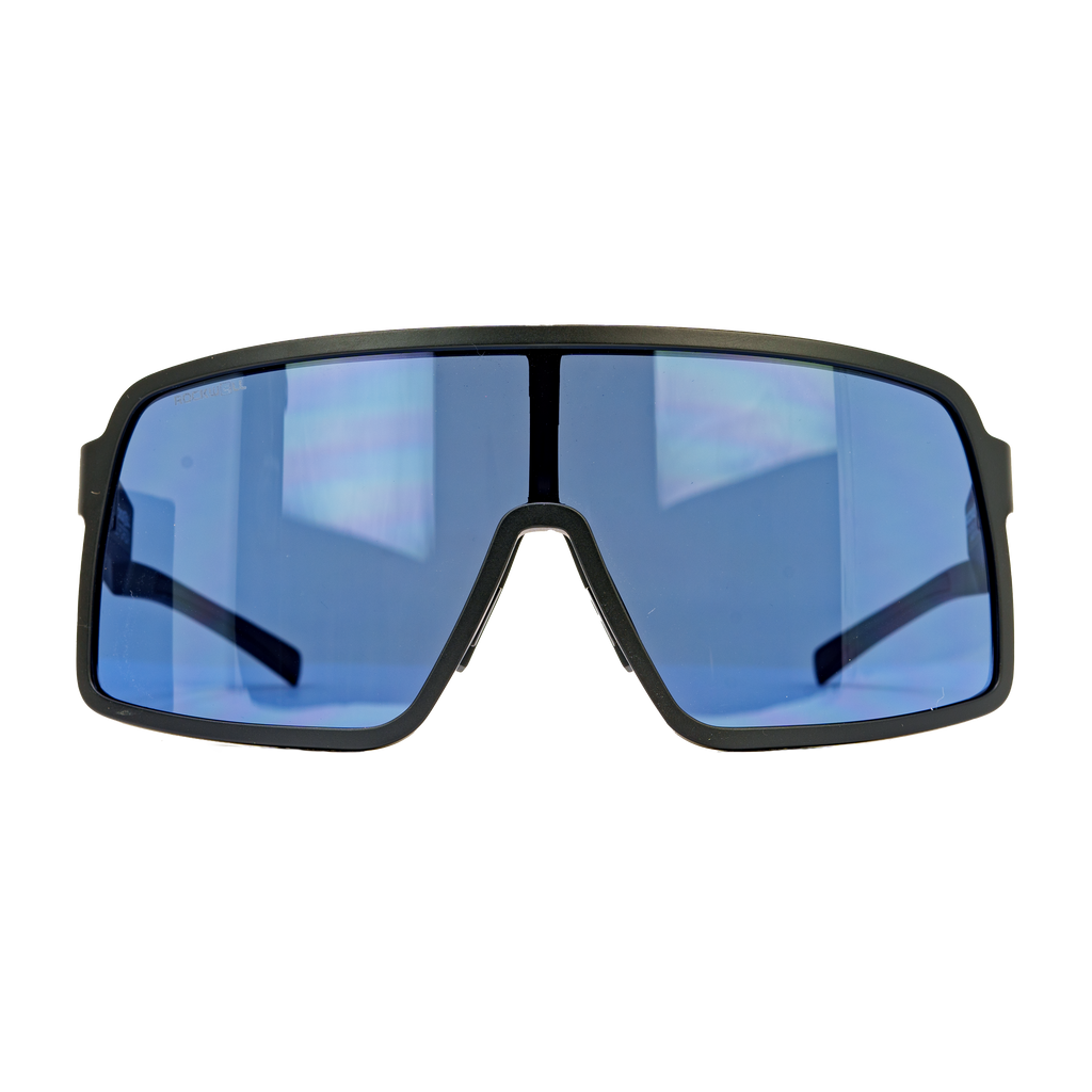 Forza sport sunglasses with blue mirrored lenses and black wraparound frame