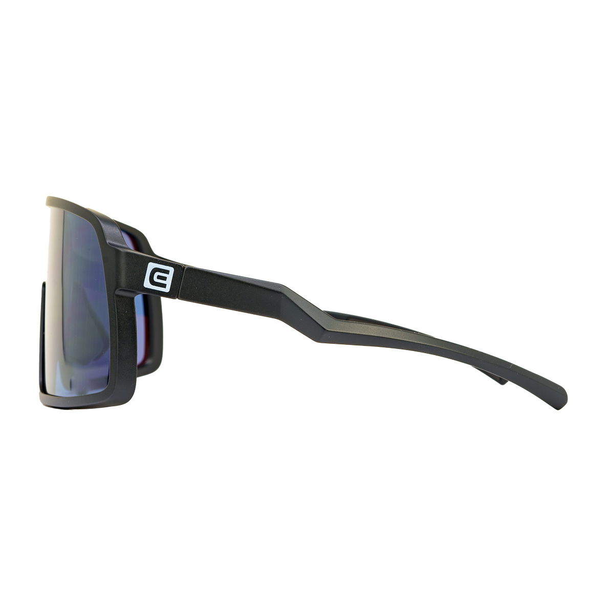 Forza sport sunglasses side view, blue mirrored lens and black temple arm