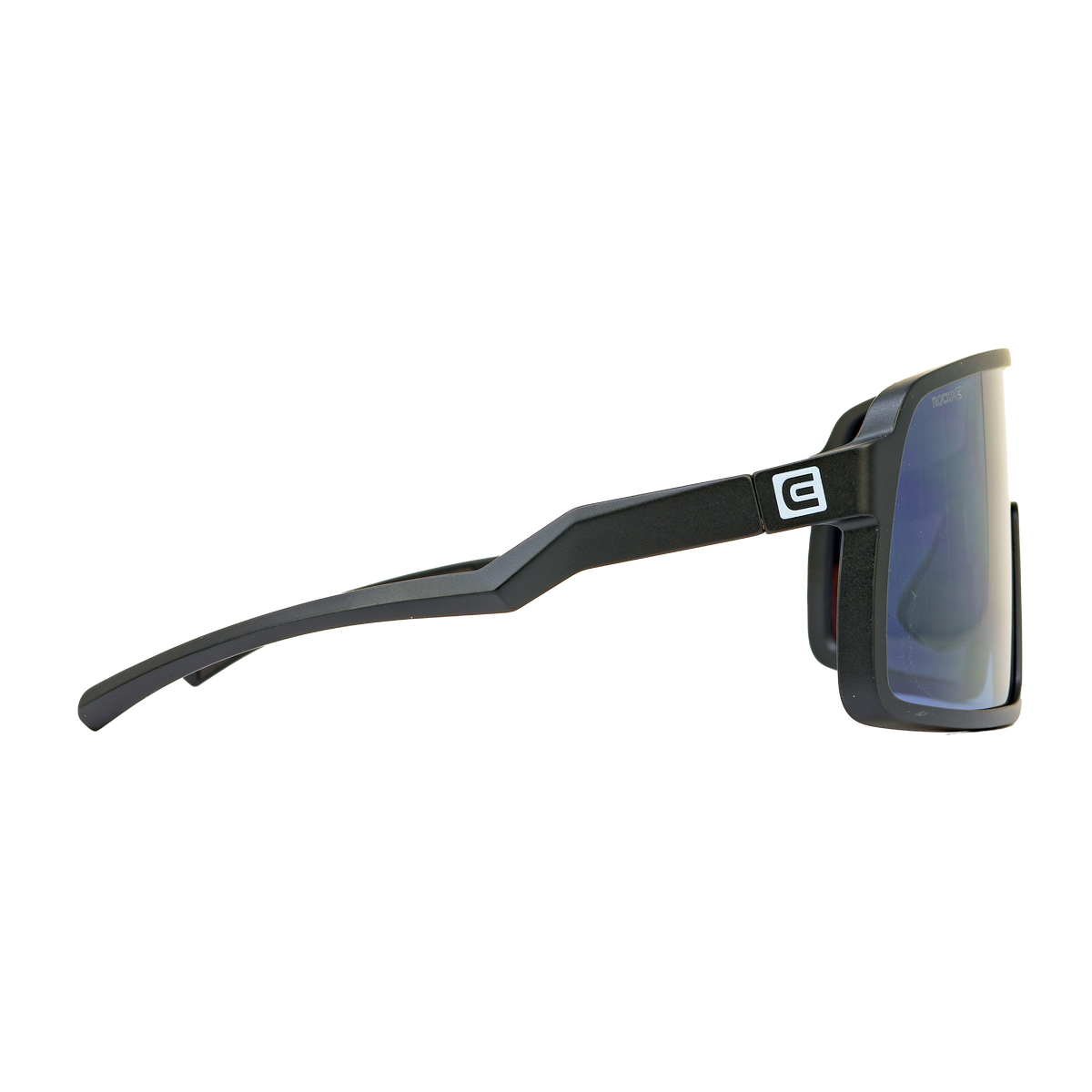 Forza sport sunglasses profile view, black frame with blue mirrored lens