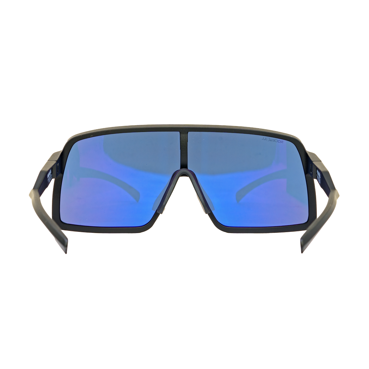 Forza sport sunglasses front view, blue mirrored lenses on black frame