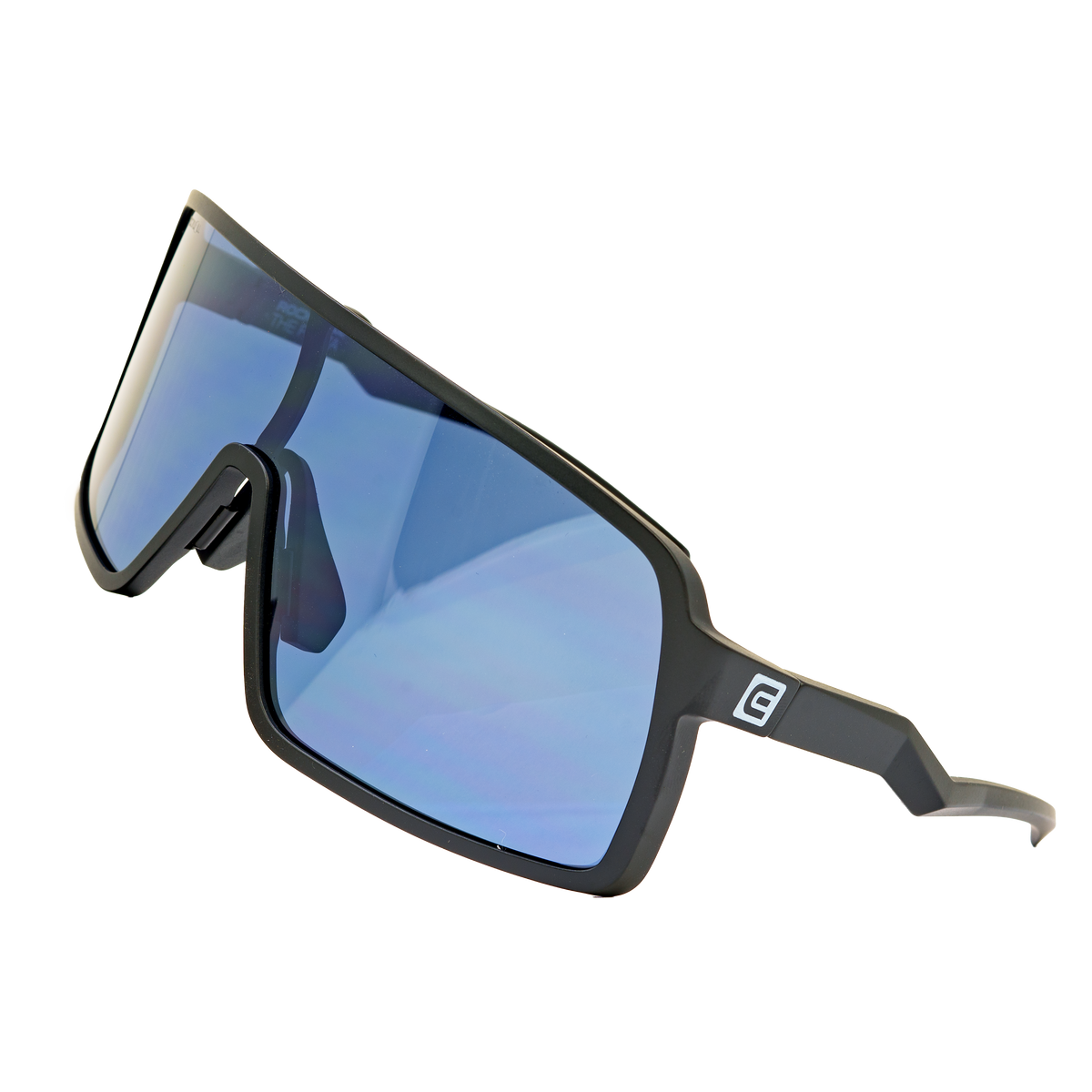 Forza sport sunglasses, angled view, blue mirrored lenses with black frame