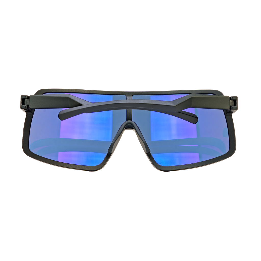 Forza sport sunglasses top view, blue mirrored lenses and black wrap frame