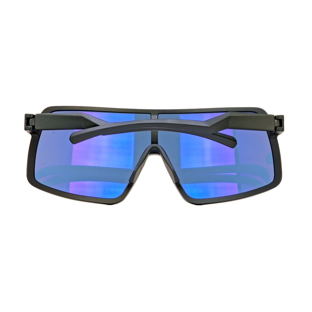 Forza sport sunglasses top view, blue mirrored lenses and black wrap frame